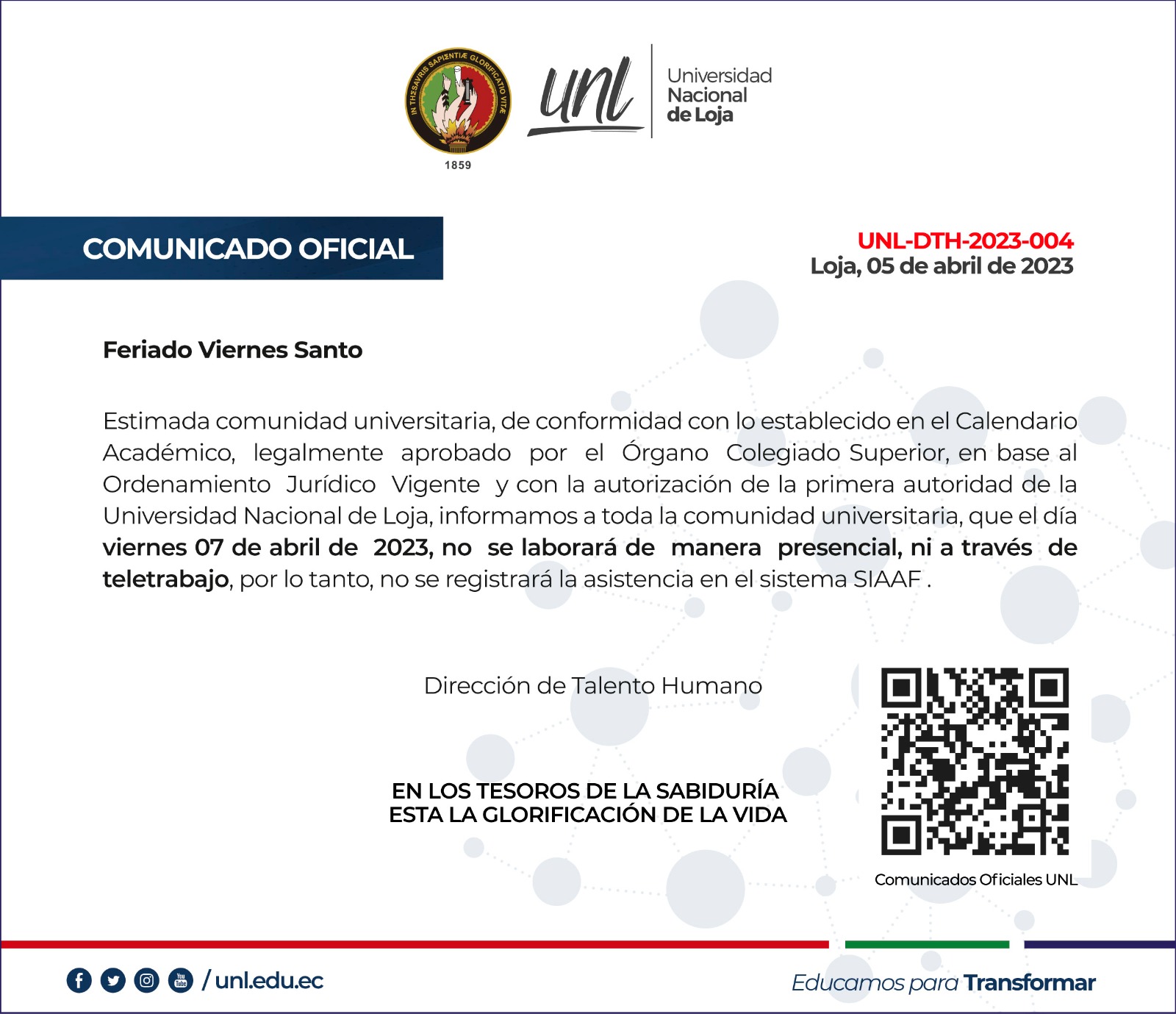 Comunicado Feriado Viernes Santo