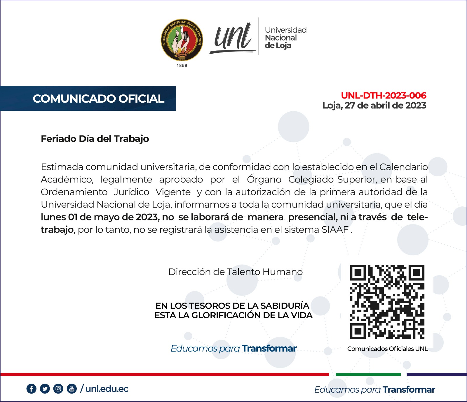 Comunicado oficial Lunes 01 de mayo de 2023