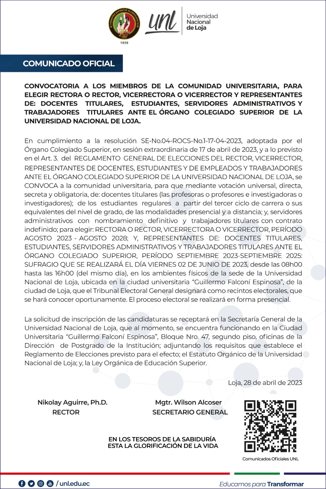 Comunicado Oficial Convocatoria a elegir rectora o rector, vicerrectora o vicerrector