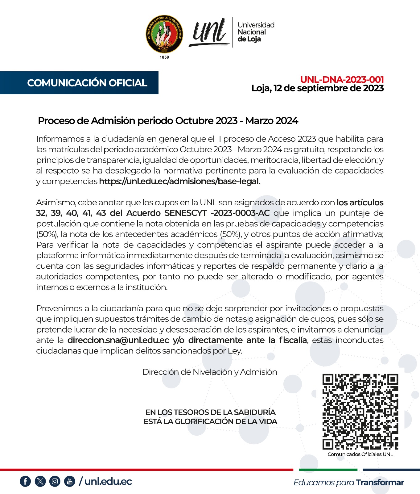 Comunicado Oficial Proceso de Admisión Periodo Octubre 2023 - Marzo 2024