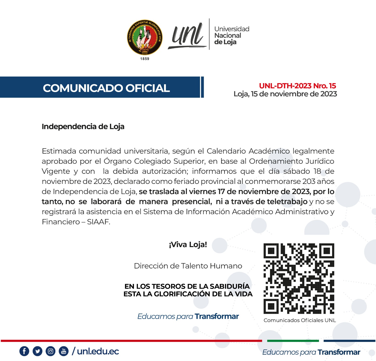 Comunicado Oficial feriado por el 18 de noviembre