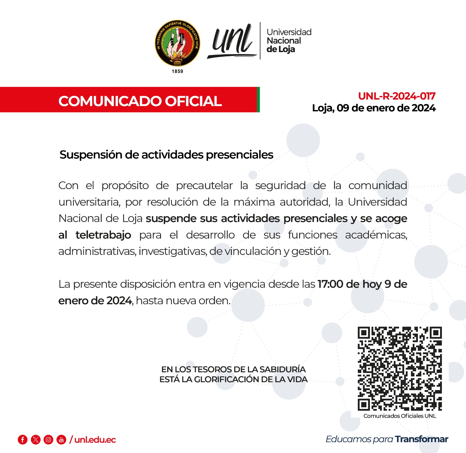 Comunicado Oficial Suspensión de actividades presenciales