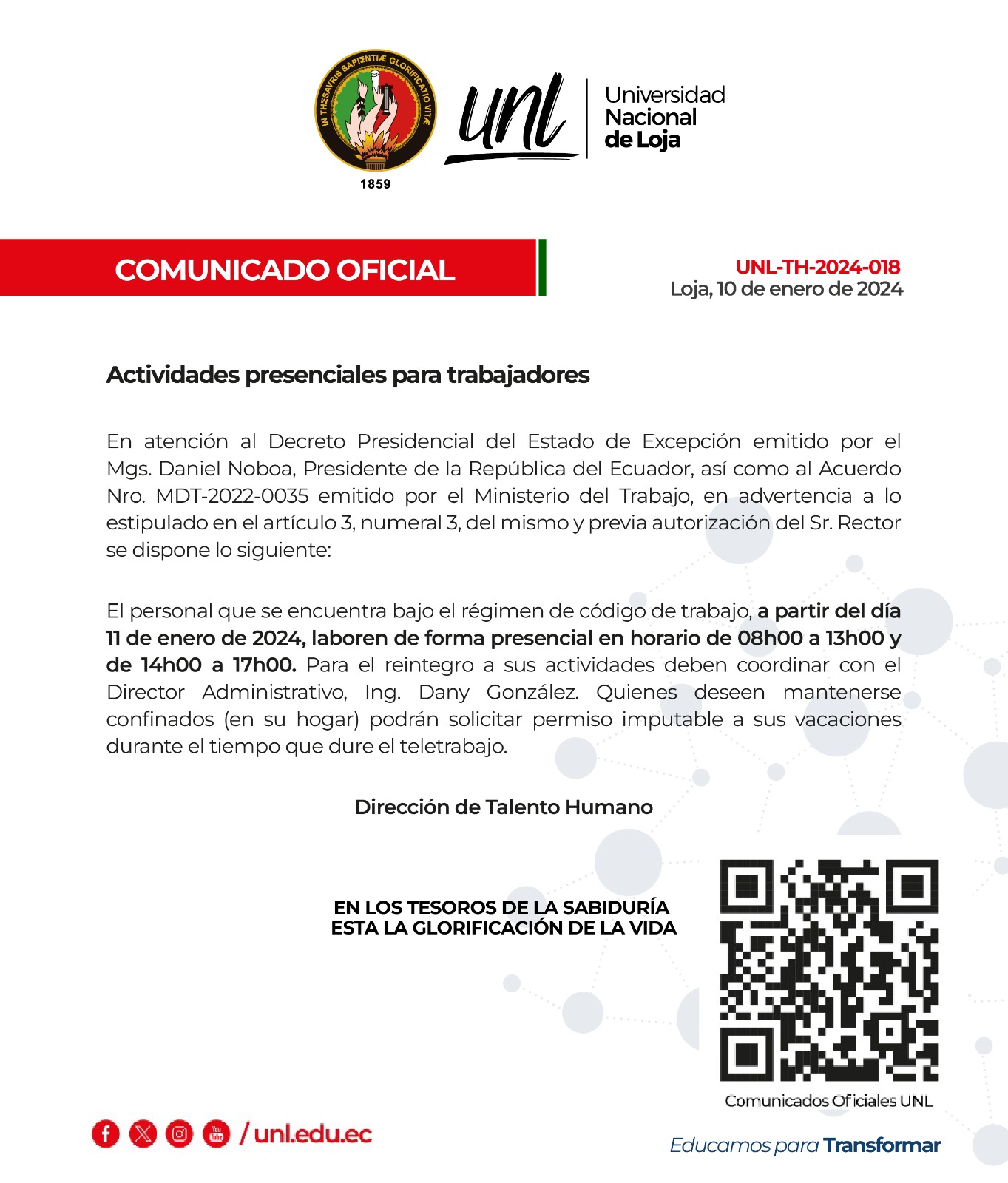 Comunicado oficial actividades presenciales para trabajadores