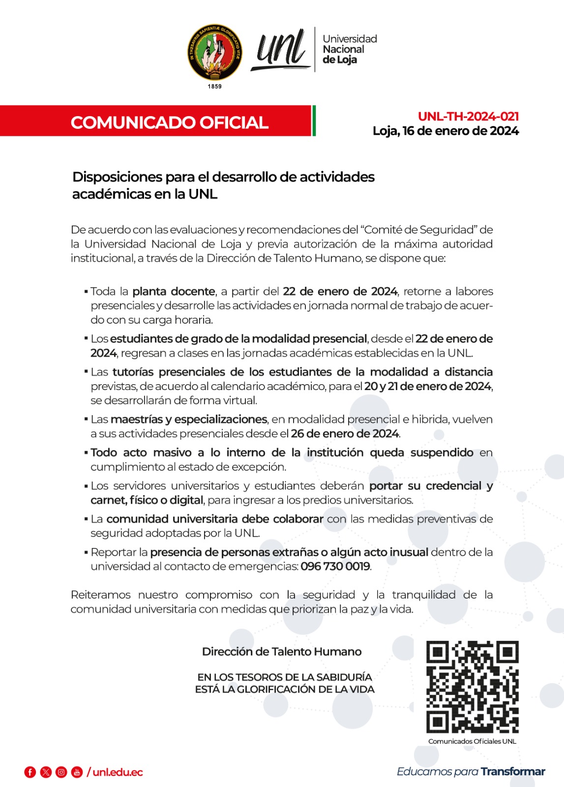 Comunicado Oficial Disposiciones para el desarrollo de actividades académicas en la UNL
