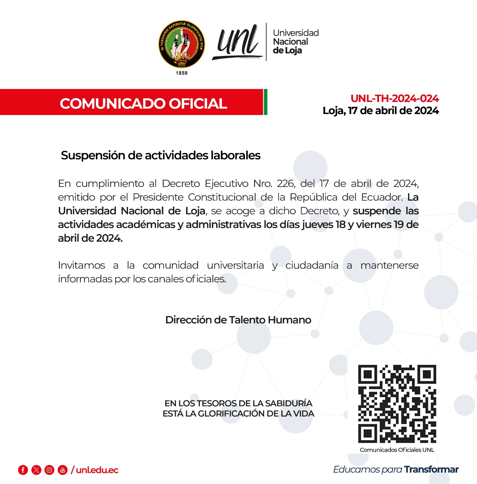 Suspensión de actividades 18 y 19 de abril
