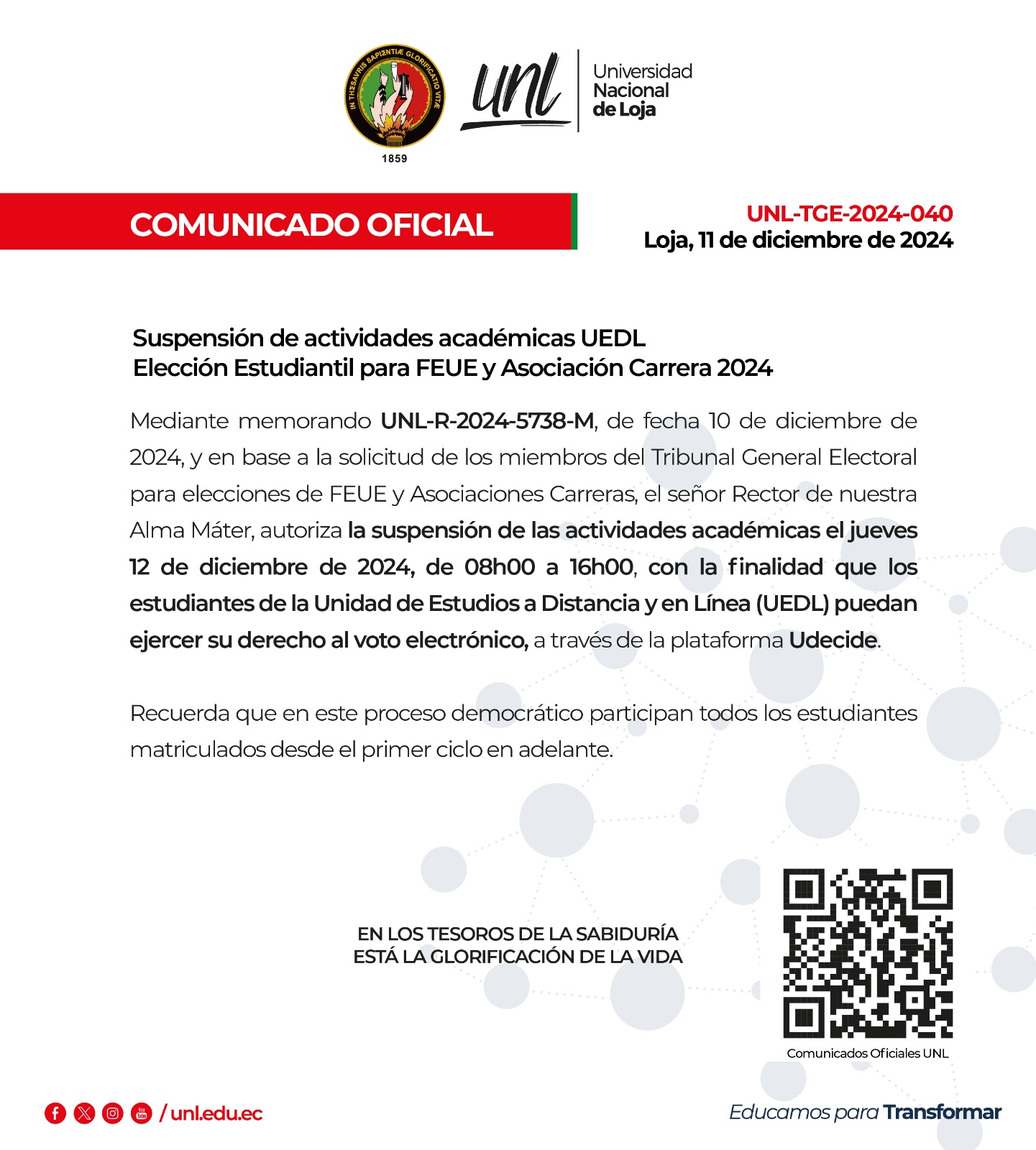 Comunicado Oficial Nro.040 | Suspensión de actividades académicas | VOTACIONES FEUE Y ASOCIACIONES CARRERAS UNL