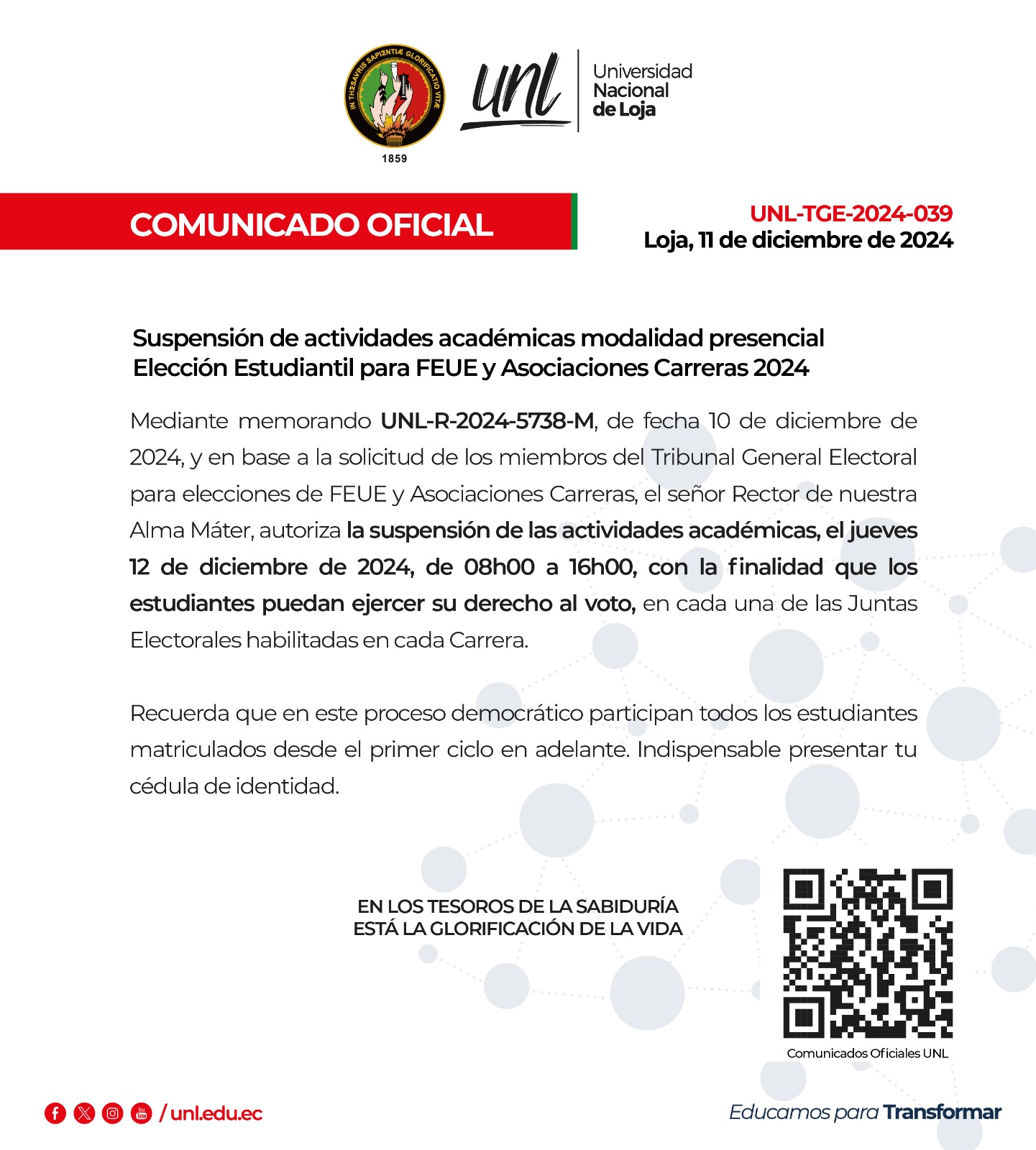 Comunicado Oficial Nro.039 | Suspensión de actividades académicas | VOTACIONES FEUE Y ASOCIACIONES CARRERAS UNL