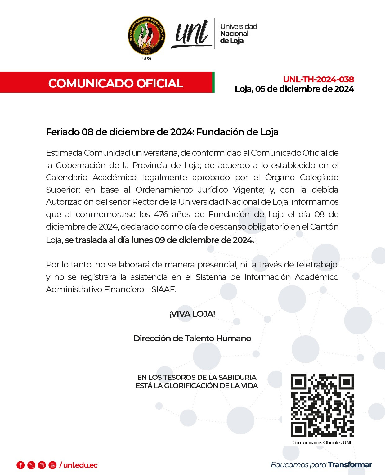 Comunicado Oficial Nro.035 | Suspensión del fluido eléctrico en Administración Central