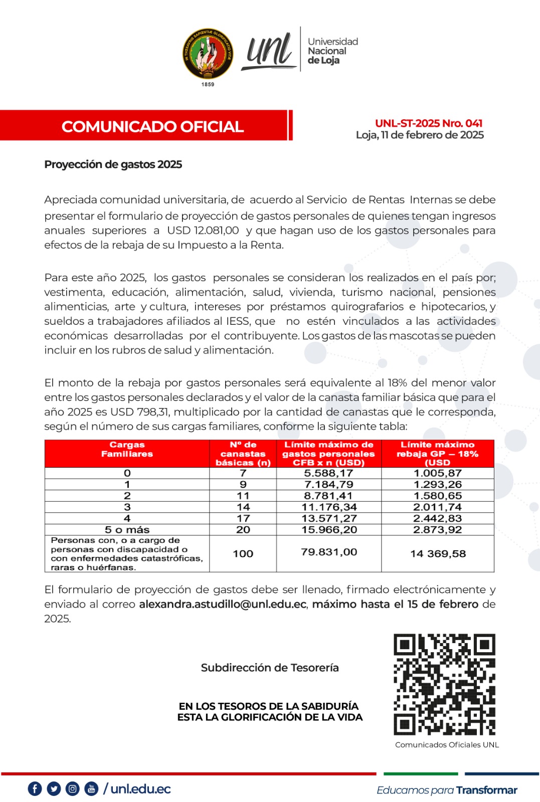 Comunicado Oficial Nro. 041 | Formulario de proyección de gastos 2025.