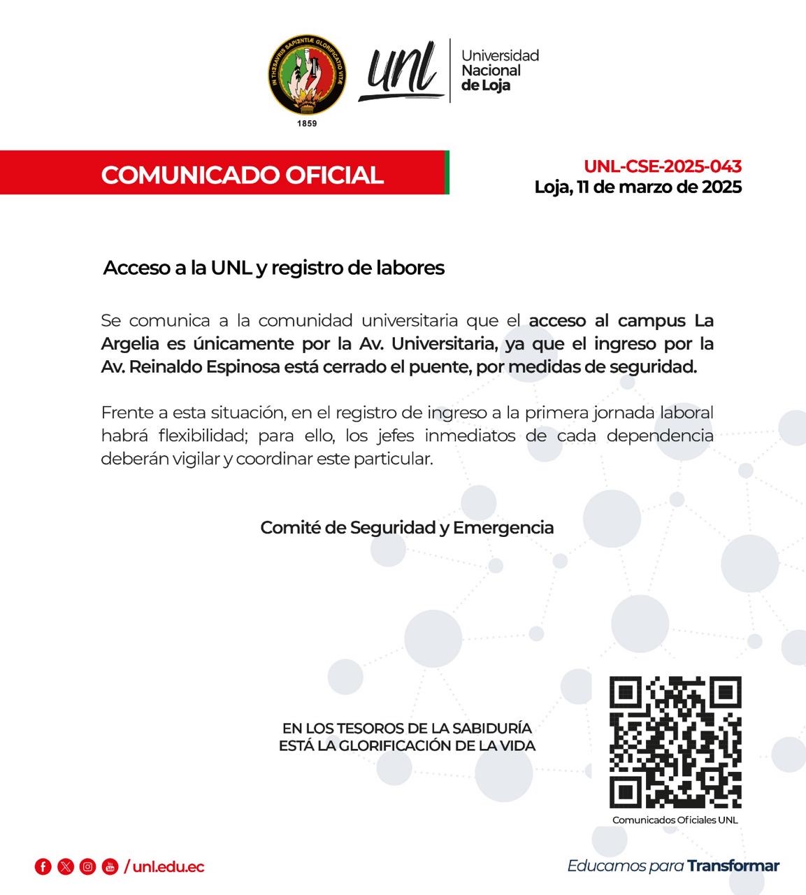Comunicado Oficial Nro. 043 | Acceso a la UNL y registro de labores