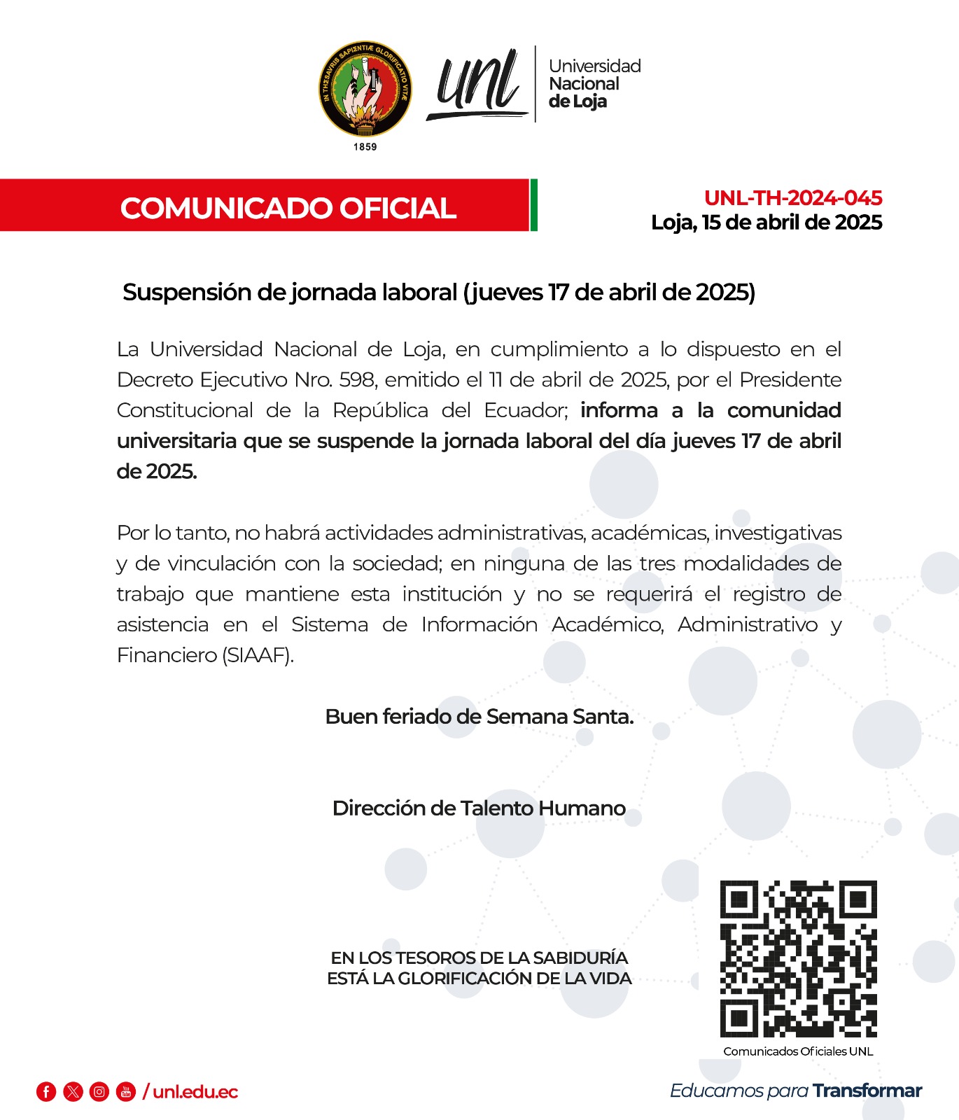 Comunicado Oficial Nro. 045 | Suspensión de jornada laboral - jueves 17 de abril de 2025