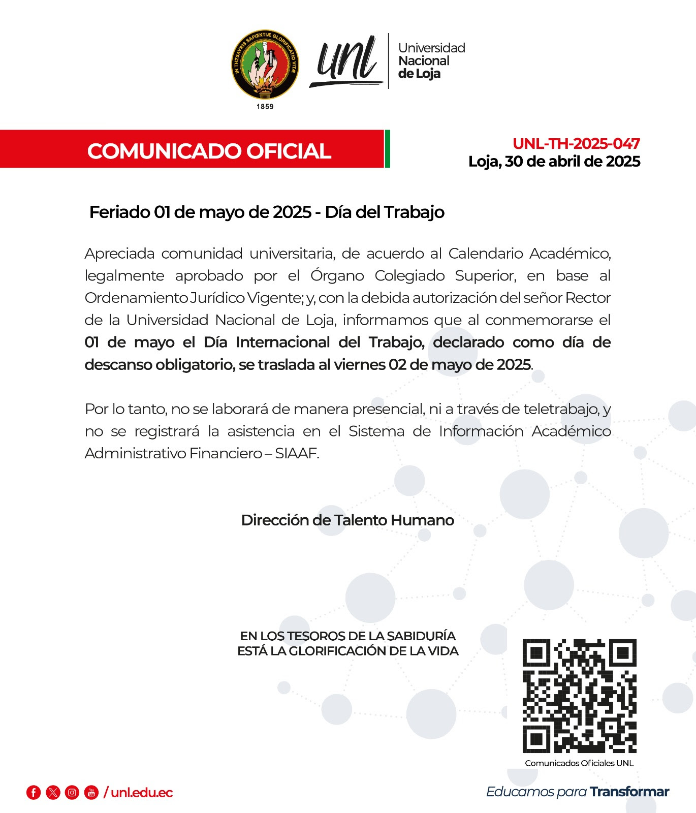Comunicado Oficial Nro. 047 | Feriado 01 Día Internacional del Trabajo