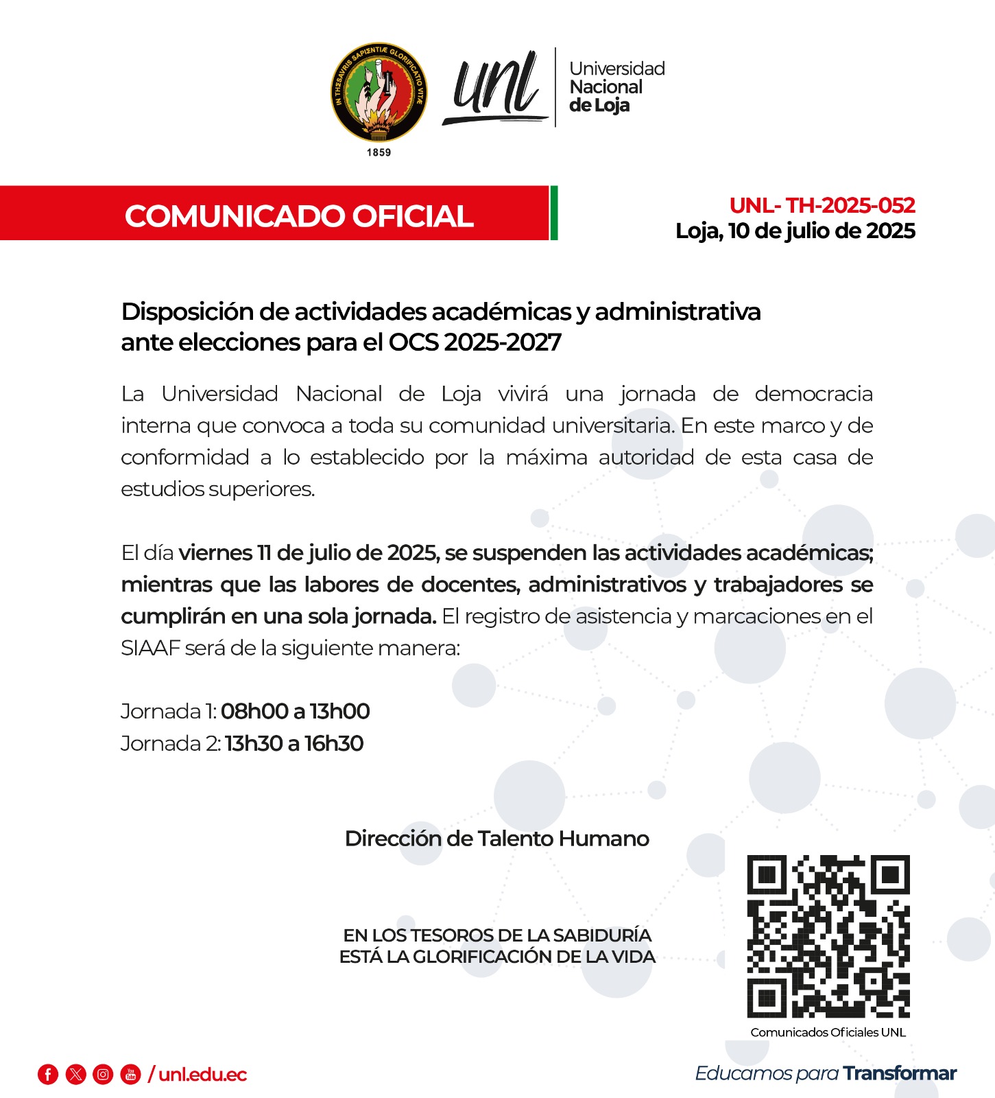 Comunicado Oficial Nro. 052 | Disposición de actividades académicas y administrativas | Elecciones OCS 2025-2027