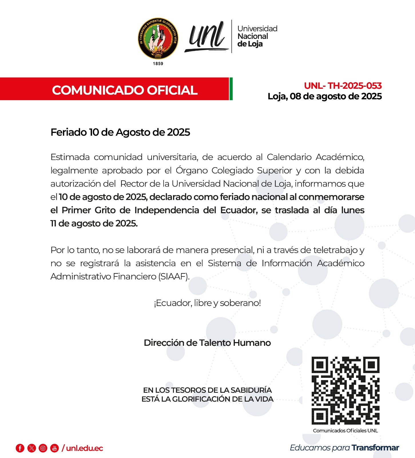 Comunicado Oficial Nro. 053 | FERIADO 10 DE AGOSTO 2025