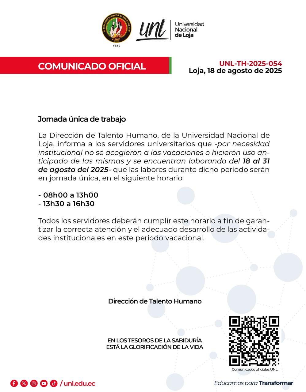 Comunicado Oficial Nro. 054 | Jornada Laboral Primer Periodo Vacacional