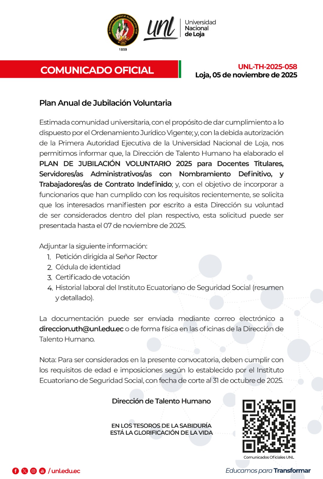 Comunicado Oficial Nro. 058. Plan Anual de Jubilación Voluntaria