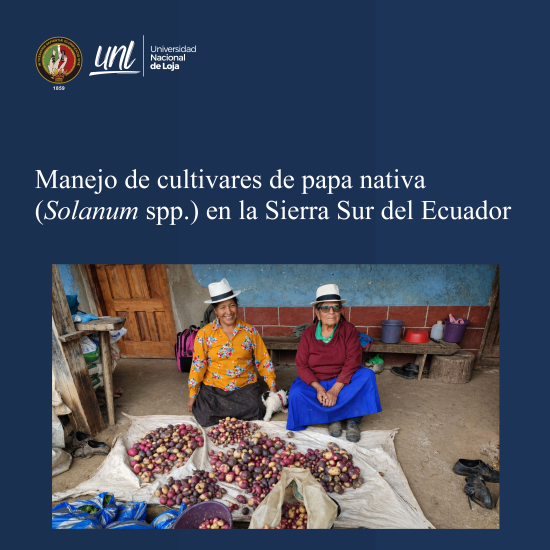 Portada del libro sobre el manejo de cultivares de papa nativa (Solanum spp.) en la Sierra Sur del Ecuador, con una fotografía de dos mujeres agricultoras sentadas en el suelo junto a una gran variedad de papas nativas recolectadas.