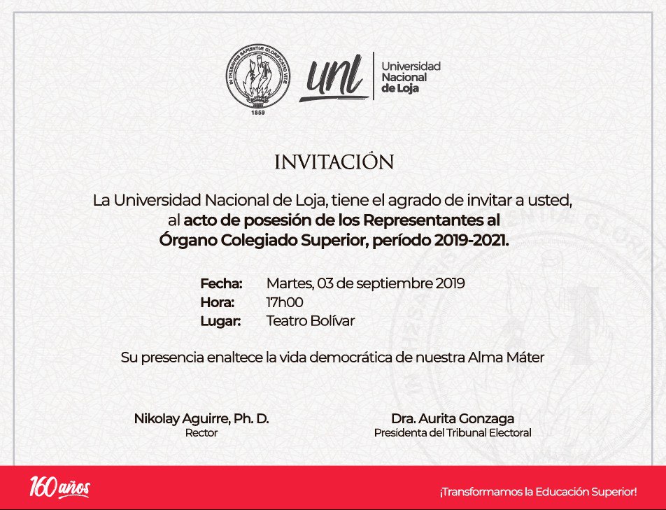 Acto de posesión de los Representantes al Órgano Colegiado Superior de la Universidad Nacional de Loja, período 2019-2021.