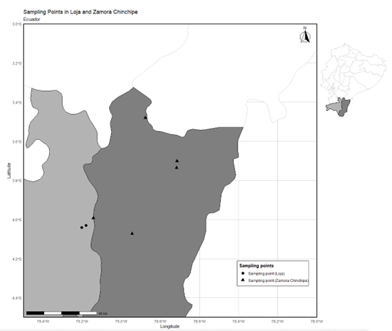 Lugares de muestreo, distribuidos entre las provincias de Loja (gris claro) y Zamora Chinchipe (gris oscuro)
