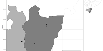 Lugares de muestreo, distribuidos entre las provincias de Loja (gris claro) y Zamora Chinchipe (gris oscuro)