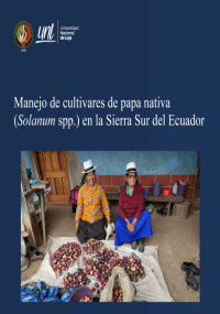 Portada del libro sobre el manejo de cultivares de papa nativa (Solanum spp.) en la Sierra Sur del Ecuador, con una fotografía de dos mujeres agricultoras sentadas en el suelo junto a una gran variedad de papas nativas recolectadas.