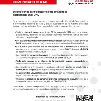 Comunicado Oficial Disposiciones para el desarrollo de actividades académicas en la UNL
