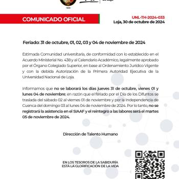 Comunicado Oficial | Feriado 31 de octubre, 01, 02, 03 y 04 de noviembre de 2024