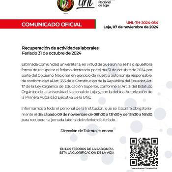 Comunicado Oficial Nro.034 | Recuperación de actividades laborales | Feriado 31 de octubre de 2024.