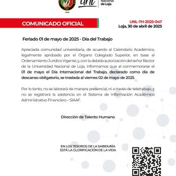 Comunicado Oficial Nro. 047 | Feriado 01 Día Internacional del Trabajo
