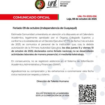 Comunicado Oficial Nro. 056 |  Feriado 09 y 10 de octubre | Independencia de Guayaquil