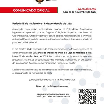 Comunicado Oficial Nro. 059 | Feriado 18 de noviembre - Independencia de Loja